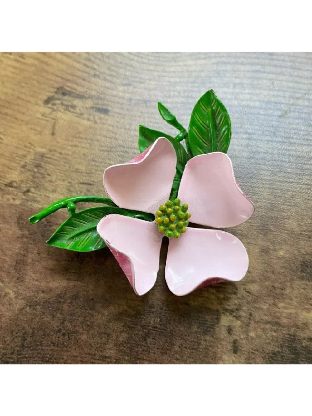 Vintage 1960s Enamel Dogwood Flower Brooch Pink Green Floral Pin Large 2.5
